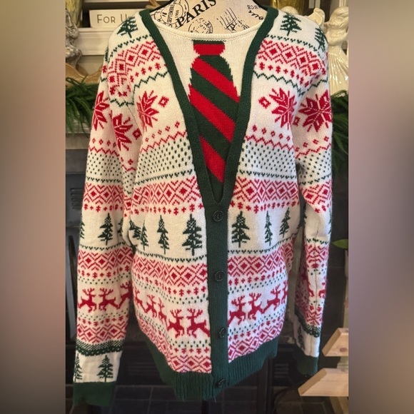 Jolly Sweaters Vintage Christmas Holiday Ugly Sweater Tie Cardigan Suit Large - Picture 1 of 7